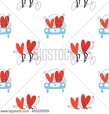 Seamless Pattern With Cartoon Hearts On A Tandem Bike. Couples In Love Are Driving A Car. Vector Sto