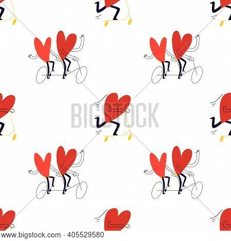 Seamless Pattern With Hearts. Cute Cartoon Couples Ride A Double Bike And A Big Heart On A Scooter. 