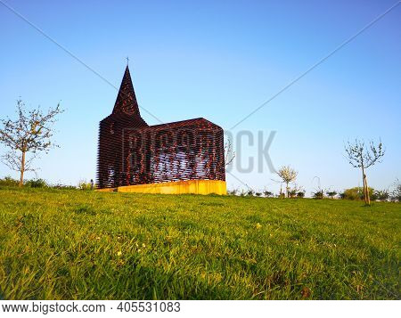 Borgloon, Belgium - April 2019: Famous Art Project And Landmark Steel See-through Church By Gijs Van