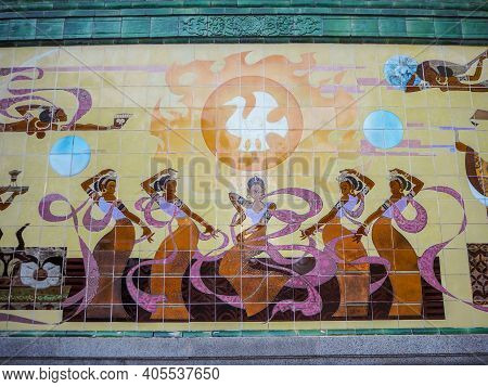 Beijing, China - 2019: Chinese Mural Depicting The Worship Ritual Of The Sun And The God Of The Son,