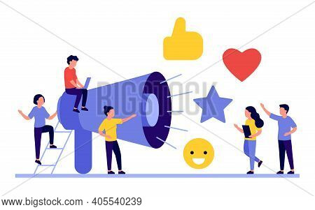 Social Media Marketing Concept With People Characters. Share Quality Advertising Content And Get Pos