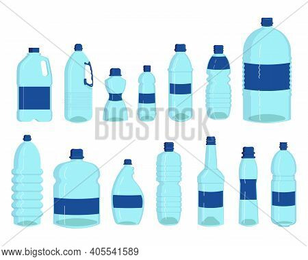 Bottles Of Water Set. Plastic Containers For Liquid, Transparent Drink Flasks, Liter Isolated On Whi