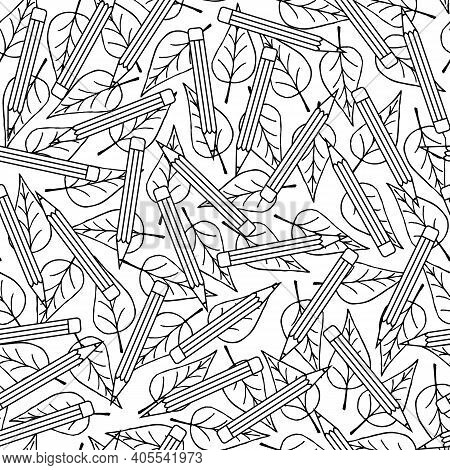 Anti-stress Coloring Page For Adults And Children. School Pattern With Flying Leaves And Pencils. Se