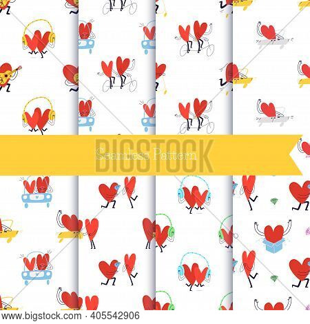 Set Of Seamless Patterns With Cartoon Hearts. Collection Of Cute Seamless Patterns With Couples In L