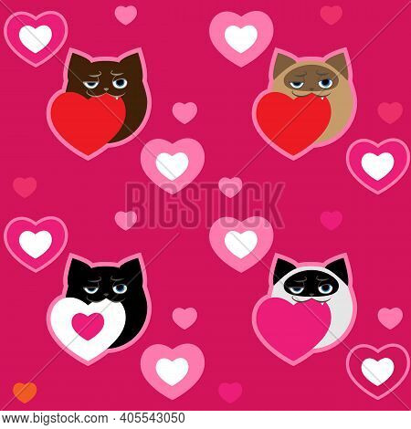 Romantic Vector Seamless Pattern With Funny Cats And Hearts On Bright Pink Background.