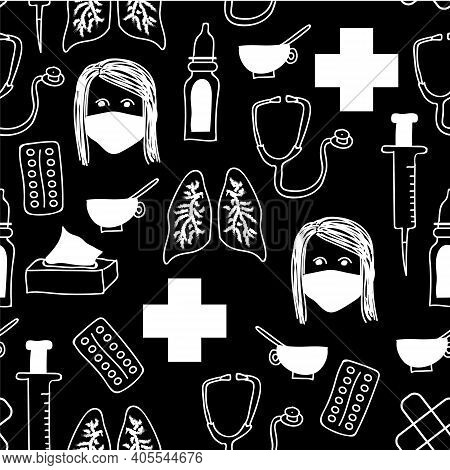 Vector Coronavirus Seamless Pattern With Face Mask, Lungs, Tea, Stetoskop.