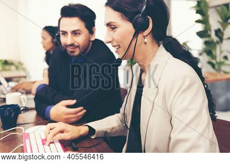 Select Foucs. Call Center And Customer Service Team Support For Information Operator At Work.  Peopl