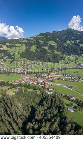 Aerial Drone Shot Of Zillertal Valley With Clouds In Tyrol Austria Summer