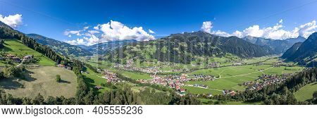 360 Panorama Aerial View Of Zillertal Valley Village In Sunny Summer Afternoon In Tyrol Austria