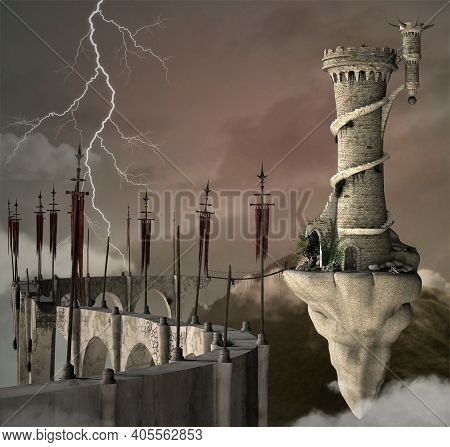 Fantasy Kingdom Flying High Tower In A Stormy Weather Scenery - 3d Illustration