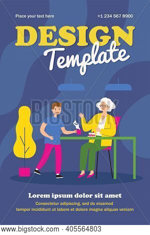 Senior Woman Sitting At Table And Grandson Giving Her Tea. Grandmother, Cake, Home Flat Vector Illus