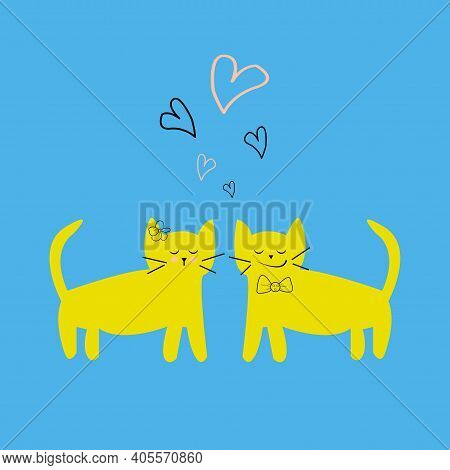 Vector Illustration Draw Character Design Couple Love Of Cat In Valentine Day. Cute Design For Card 