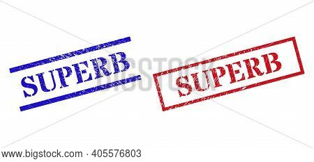 Grunge Superb Rubber Stamps In Red And Blue Colors. Stamps Have Distress Texture. Vector Rubber Imit
