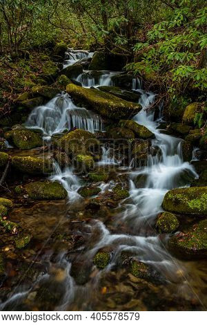 Rushing Water Filters Through Mossy Rocks In Great Smoky Mountains National Park