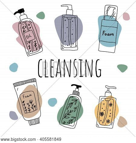 Illustration Set Of Cleansing Product. Hydrophilic Oil And Foam Kit Images. Beauty Daily Skin Care R