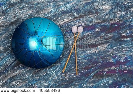 Handpan Or Hang. The Hand Is Traditional Ethnic Drum Musical Instrument. Top View