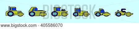Set Of Steam Roller Cartoon Icon Design Template With Various Models. Modern Vector Illustration Iso