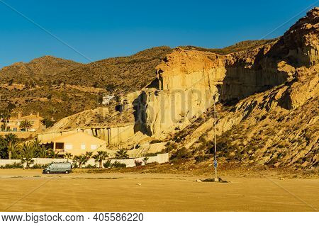 Bolnuevo, Spain - March 15, 2019: The Enchanted City Of Bolnuevo, Eroded Yellow Sandstone Formations