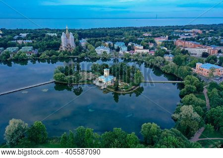 Panoramic Aerial View Of The Kolonistsky Park In Peterhof. Holguin Pond.