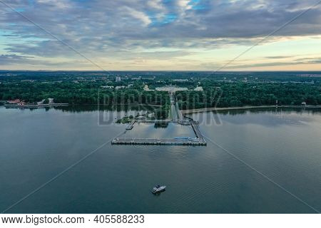 Panoramic Aerial View Of The Lower Park In Peterhof. Pier. The Gulf Of Finland. Summer. Green Trees.
