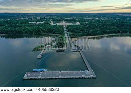 Panoramic Aerial View Of The Lower Park In Peterhof. Pier. The Gulf Of Finland. Summer. Green Trees.