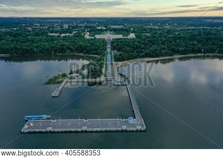Panoramic Aerial View Of The Lower Park In Peterhof. Pier. The Gulf Of Finland. Summer. Green Trees.