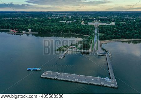 Panoramic Aerial View Of The Lower Park In Peterhof. Pier. The Gulf Of Finland. Summer. Green Trees.