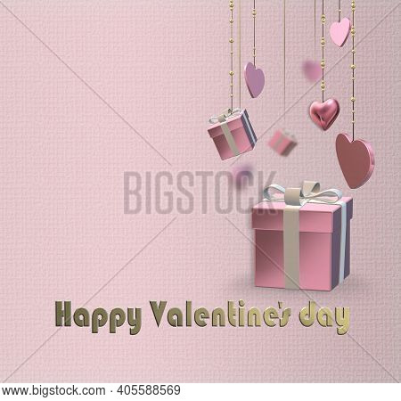 Hanging Gift Boxes And 3d Hearts. Stmbol Of Love Realistic Gift Boxes, Hearts On Pastel Pink Backgro