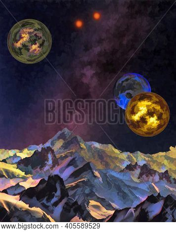 Imaginery Landscape Of A Frozen Planets With Three Satellites.