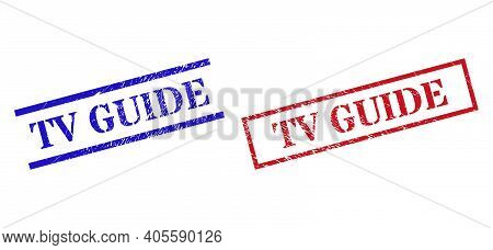 Grunge Tv Guide Rubber Stamps In Red And Blue Colors. Stamps Have Draft Texture. Vector Rubber Imita