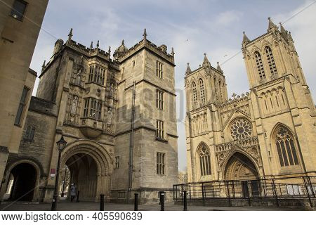 Bristol, Uk - April 8, 2019. Bristol Cathedral Founded In 1140, And The Bristol Central Library. Bri