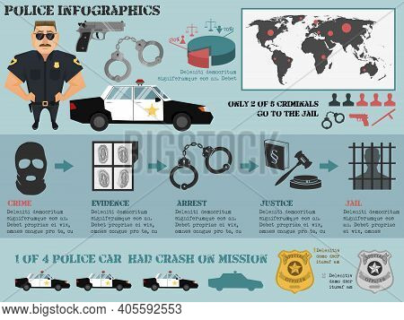 Police Infographic Set With Crime Evidence Arrest Justice Jail Icons Vector Illustration