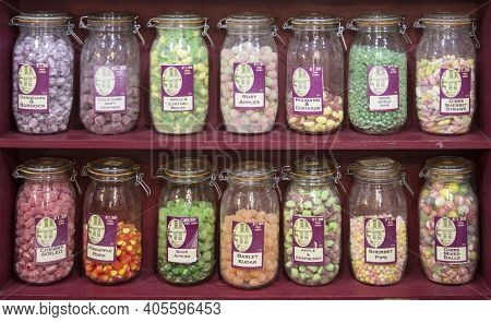 Bath, Uk - April 10, 2019. Interior Of Sweetshop With Bottle And Jars On Display. Bath, England, Uk,