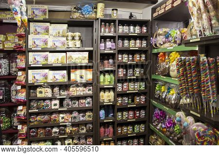 Bath, Uk - April 10, 2019. Interior Of Sweetshop With Bottle And Jars On Display. Bath, England, Uk,