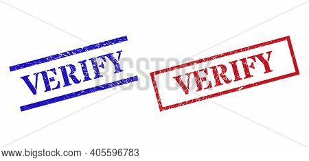 Grunge Verify Seal Stamps In Red And Blue Colors. Stamps Have Rubber Surface. Vector Rubber Imitatio