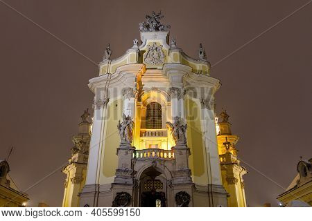 Lviv, Ukraine - January 13, 2021: St. George's Cathedral Night And Winter