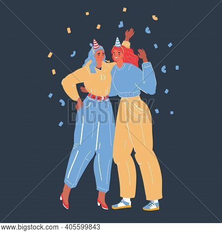 Vector Illustration Of Two Happy Young Women Friends Standind Together And Celebrate Something On Da