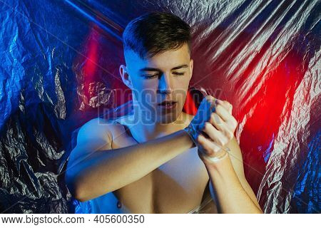 Human Trafficking. Forced Labour. Slavery Freedom. Powerless Shirtless Hostage Man With Tied Hands E