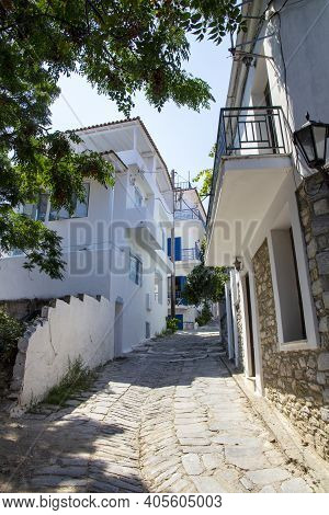 Skiathos, Greece - August 13, 2019. Streets And Alleyways, Skiathos Town, Greece, August 13, 2019.