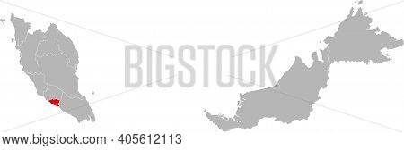 Melaka State Isolated On Malaysia Map. Gray Background. Business Concepts And Backgrounds.