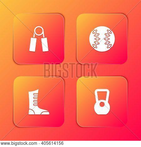 Set Sport Expander, Baseball Ball, Boxing Shoes And Kettlebell Icon. Vector