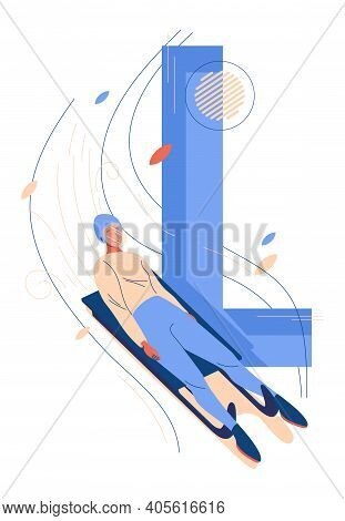 Woman On Sled Riding Down. Capital Letter L For Luge Winter Sport. Smiling Female Character Isolated