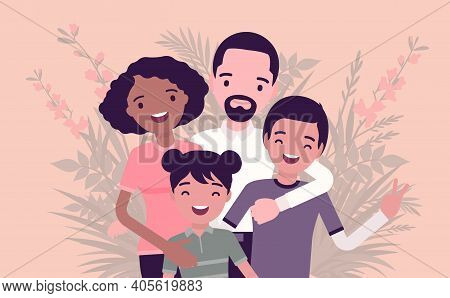 Multicultural Happy Family, Parents And Kids Of Different Race, Culture. Father, Mother, Son, Daught