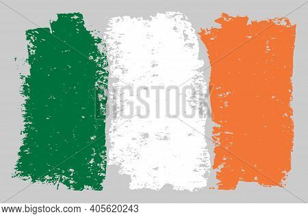 Irland Flag Chalk Illustration With Charcoal Effect. Raster Freehand Irland Flag In Official Colors.