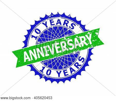 Vector 10 Years Anniversary Bicolor Seal With Grunge Style. Blue And Green Colors. Flat Seal With 10
