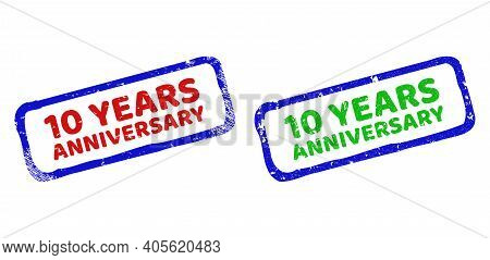 Vector 10 Years Anniversary Framed Imprints With Grunge Texture. Rough Bicolor Rectangle Stamps. Red