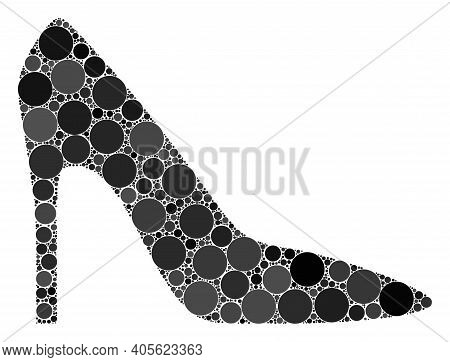 High Heel Lady Shoe Raster Mosaic Of Dots In Variable Sizes And Color Shades. Round Dots Are Compose