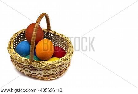 Easter Eggs. Happy Easter Card. Multicolored Easter Eggs. Easter. Easter Eggs In A Basket On A White