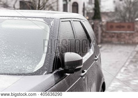 Icy Car, Ice Scraping. Car In Ice, Winter Froze Slippery Road, Ice.