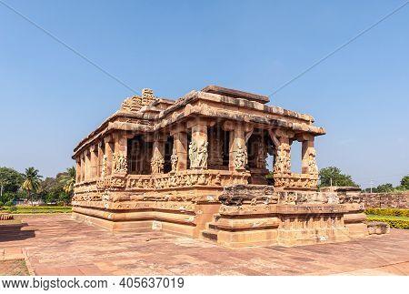 Aihole, Karnataka, India - November 7, 2013: Mandapam Side Of Brown Stone Durga Gudi Or Temple Under
